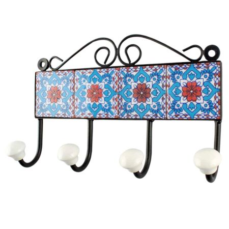 Turquoise And Red Flower Ceramic Tile Hook 